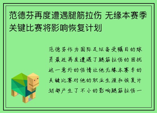 范德芬再度遭遇腿筋拉伤 无缘本赛季关键比赛将影响恢复计划 范德芬再度遭遇腿筋拉伤 无缘本赛季关键比赛将影响恢复计划
